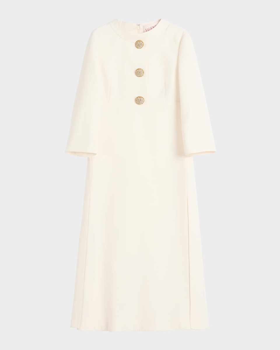 Quarter-Sleeve Brooch Wool Midi Dress